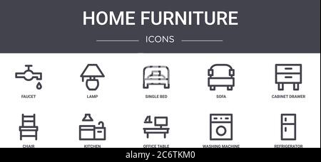 home furniture concept line icons set. contains icons usable for web, logo, ui/ux such as lamp, sofa, chair, office table, washing machine, refrigerat Stock Vector