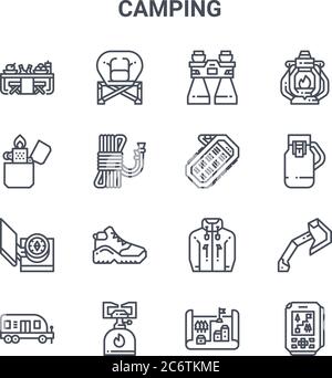 set of 16 camping concept vector line icons. 64x64 thin stroke icons such as folding, lighter, flask, jacket, camping gas, gps, map, power bank, oil l Stock Vector