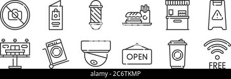 12 set of linear mall icons. thin outline icons such as wifi, open, trolley cart, counter, barbershop, booklet for web, mobile Stock Vector