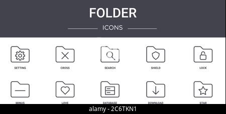 folder concept line icons set. contains icons usable for web, logo, ui/ux such as cross, shield, minus, database, download, star, lock, search Stock Vector