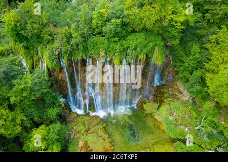 Aerial view of the waterfall on the Plitvice Lakes National park Croatia