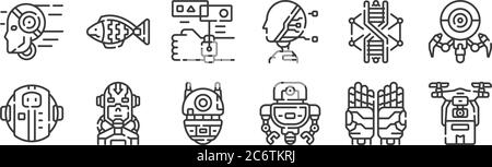 12 set of linear robotics icons. thin outline icons such as drone delivery, robot, cyborg, dna, hologram, fish for web, mobile Stock Vector