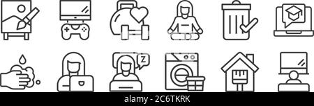 12 set of linear stay at home icons. thin outline icons such as watching tv, wash, work, clean, gym, playing videogame for web, mobile Stock Vector