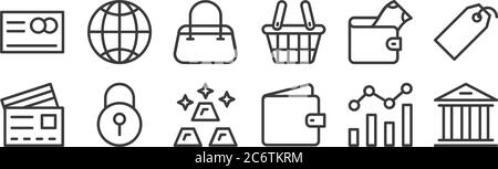 12 set of linear banking and finance flat icons icons. thin outline icons such as bank, wallet, lock, wallet, handbag, internet for web, mobile Stock Vector