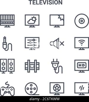 set of 16 television concept vector line icons. 64x64 thin stroke icons such as , jack cable, smart tv, cable, film reel, tv, football, mute, cd Stock Vector