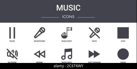 music concept line icons set. contains icons usable for web, logo, ui/ux such as microphone, mute, no sound, music note, fast forward, pause, stop, mu Stock Vector