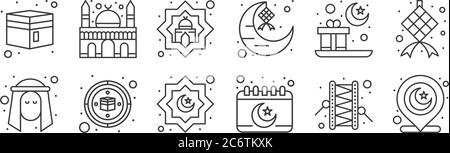 12 set of linear islam and ramadan icons. thin outline icons such as muslim, calendar, qibla, gift, mosque, mosque for web, mobile Stock Vector
