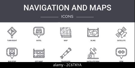 navigation and maps concept line icons set. contains icons usable for web, logo, ui/ux such as hotel, blind, bus stop, telescope, satellite dish, gym, Stock Vector