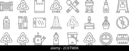 plastic products line icons. linear set. quality vector line set such as packaging, recycle, water bottle, recycle, plant pot, cutting board, stool, c Stock Vector