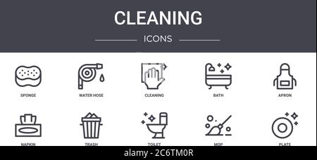 cleaning concept line icons set. contains icons usable for web, logo, ui/ux such as water hose, bath, napkin, toilet, mop, plate, apron, cleaning Stock Vector