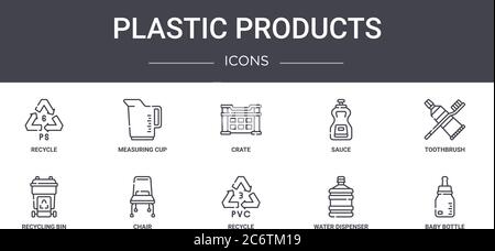 plastic products concept line icons set. contains icons usable for web, logo, ui/ux such as measuring cup, sauce, recycling bin, recycle, water dispen Stock Vector