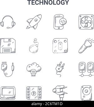 set of 16 technology concept vector line icons. 64x64 thin stroke icons such as startup, floppy disc, torch, plug, film strip, speaker box, caliper, p Stock Vector