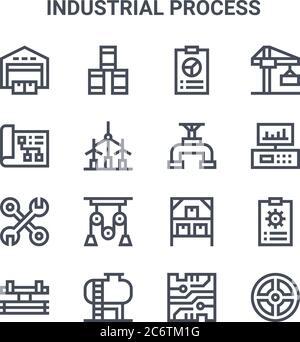 set of 16 industrial process concept vector line icons. 64x64 thin stroke icons such as oil barrel, plan, monitor, stock, tank, valve, microchip, pipe Stock Vector