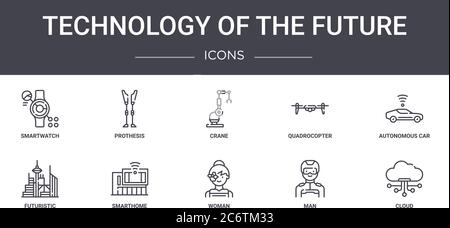 technology of the future concept line icons set. contains icons usable for web, logo, ui/ux such as prothesis, quadrocopter, futuristic, woman, man, c Stock Vector