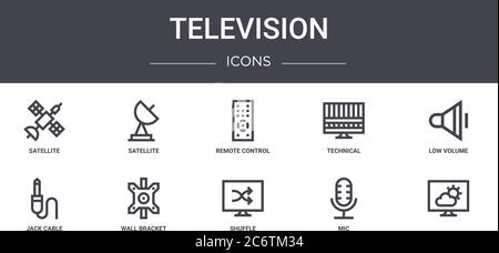 television concept line icons set. contains icons usable for web, logo, ui/ux such as satellite, technical, jack cable, shuffle, mic, , low volume, re Stock Vector