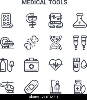set of 16 medical tools concept vector line icons. 64x64 thin stroke icons such as pharmacy, mri, crutches, heartbeat, bandage, herbal, height, dna, f Stock Vector