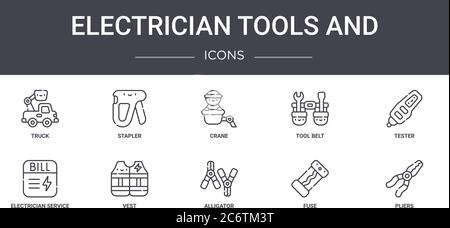 electrician tools and concept line icons set. contains icons usable for web, logo, ui/ux such as stapler, tool belt, electrician service, alligator, f Stock Vector