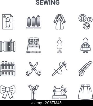 set of 16 sewing concept vector line icons. 64x64 thin stroke icons such as thread, thread, mannequin, needle, zipper, skirt, sewing machine, mannequi Stock Vector
