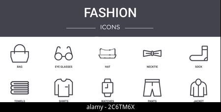 fashion concept line icons set. contains icons usable for web, logo, ui/ux such as eye glasses, necktie, towels, watches, pants, jacket, sock, hat Stock Vector