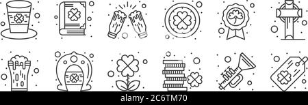 12 set of linear saint patrick icons. thin outline icons such as tag, coins, horseshoe, badge, celebration, book for web, mobile Stock Vector