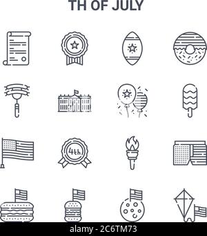 set of 16 th of july concept vector line icons. 64x64 thin stroke icons such as medal, sausage, popsicle, torch, burger, kite, moon, th of july, donut Stock Vector