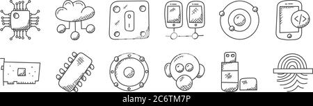 12 set of linear technology icons. thin outline icons such as fingerprint scanning, gas mask, circuit, orbit, power switch, cloud computing for web, m Stock Vector