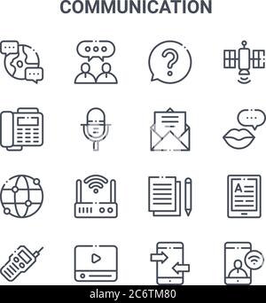 set of 16 communication concept vector line icons. 64x64 thin stroke icons such as message, fax, speak, write, video, smartphone, smartphone, open, sa Stock Vector