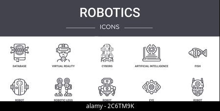 robotics concept line icons set. contains icons usable for web, logo, ui/ux such as virtual reality glasses, artificial intelligence, robot, robot, ey Stock Vector
