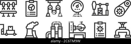 12 set of linear industrial process icons. thin outline icons such as pipe, saw machine, nuclear plant, pumpjack, pulley, productivity for web, mobile Stock Vector