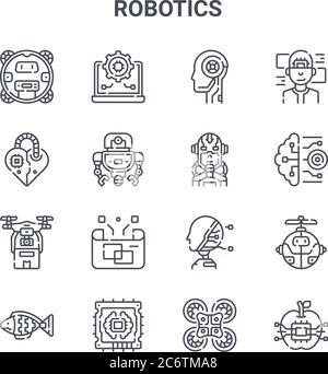 set of 16 robotics concept vector line icons. 64x64 thin stroke icons such as settings, heart, brain, artificial intelligence, cpu, artificial intelli Stock Vector