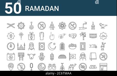 set of 50 ramadan icons. outline thin line icons such as kaaba, location, ramadan, kaaba, halal, rub el hizb, window, flower, woman, hat Stock Vector