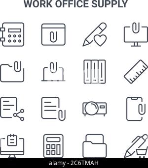 set of 16 work office supply concept vector line icons. 64x64 thin stroke icons such as web browser, file, ruler, film, calculator, shop, file, cabine Stock Vector