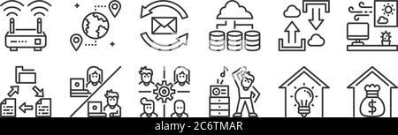 12 set of linear work from home icons. thin outline icons such as income, exercise, networking, cloud uploading, email, location for web, mobile Stock Vector