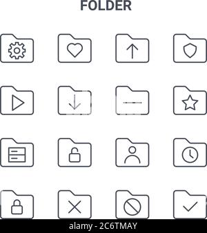 set of 16 folder concept vector line icons. 64x64 thin stroke icons such as love, play, star, user, cross, checklist, block, minus, shield Stock Vector