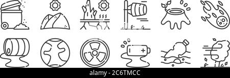 12 set of linear climate change icons. thin outline icons such as wind, battery, earth, deforestation, drought, desert for web, mobile Stock Vector