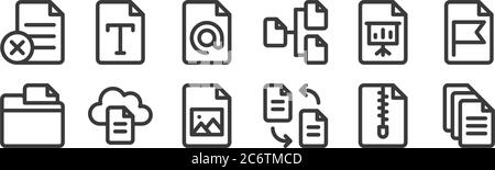 12 set of linear document and files icons. thin outline icons such as file, transfer, file, presentation, address, font for web, mobile Stock Vector