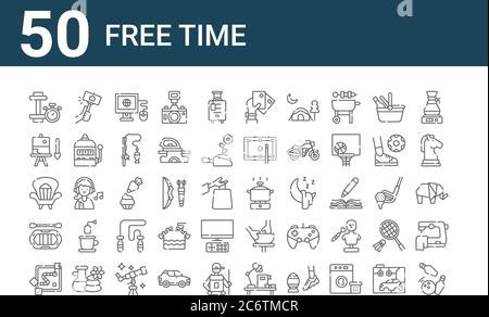 set of 50 free time icons. outline thin line icons such as bowling, board game, rafting, watch, painting, selfie, cooking pot Stock Vector