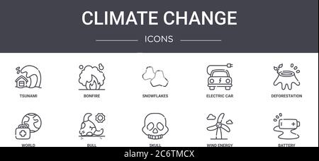 climate change concept line icons set. contains icons usable for web, logo, ui/ux such as bonfire, electric car, world, skull, wind energy, battery, d Stock Vector