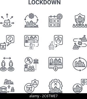 set of 16 lockdown concept vector line icons. 64x64 thin stroke icons such as shutdown, stay at home, war, shutdown, protection, shutdown, policy, par Stock Vector