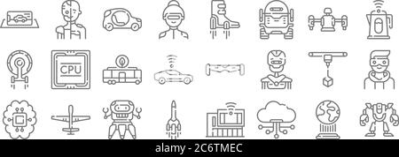 technology of the future line icons. linear set. quality vector line set such as robot, cloud, rocket, artificial intelligence, d printer, electric bu Stock Vector