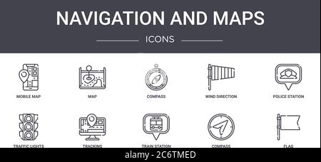 navigation and maps concept line icons set. contains icons usable for web, logo, ui/ux such as map, wind direction, traffic lights, train station, com Stock Vector