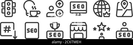 12 set of linear web apps seo icons. thin outline icons such as user, shop, search engine optimization, worldwide, multi line, hot for web, mobile Stock Vector