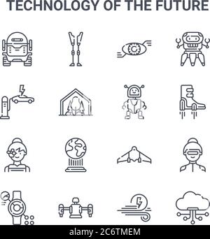 set of 16 technology of the future concept vector line icons. 64x64 thin stroke icons such as prothesis, electric charge, flying shoes, uav, jetpack, Stock Vector