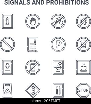 set of 16 signals and prohibitions concept vector line icons. 64x64 thin stroke icons such as stop, forbidden, no drinking, emergency, traffic light, Stock Vector