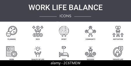 work life balance concept line icons set. contains icons usable for web, logo, ui/ux such as rich, community, work, rest, success, private life, motiv Stock Vector