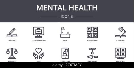 mental health concept line icons set. contains icons usable for web, logo, ui/ux such as telecommuting, board game, balance, video chat, gardening, vi Stock Vector