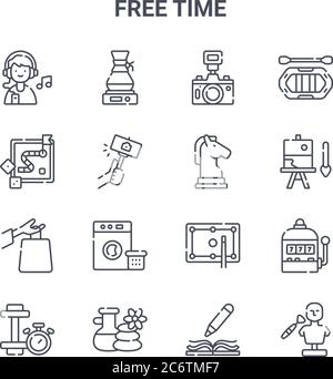 set of 16 free time concept vector line icons. 64x64 thin stroke icons such as coffee machine, board game, painting, billiard, spa, sculpt, writing, h Stock Vector