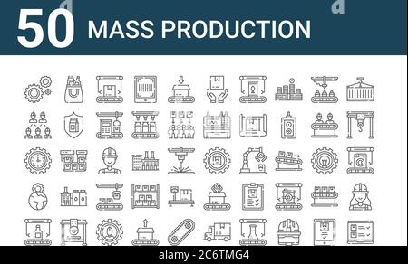 set of 50 mass production icons. outline thin line icons such as shipping, bottle, world, productivity, workers, product, package, delivery box, worke Stock Vector