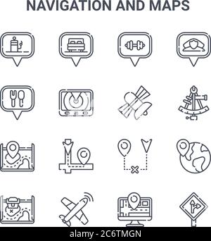 set of 16 navigation and maps concept vector line icons. 64x64 thin stroke icons such as hotel, restaurant, sextant, broken, airplane, turn right, tra Stock Vector