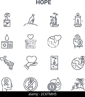 set of 16 hope concept vector line icons. 64x64 thin stroke icons such as message in a bottle, blood donor card, ribbon, candle, no war, plant, exchan Stock Vector
